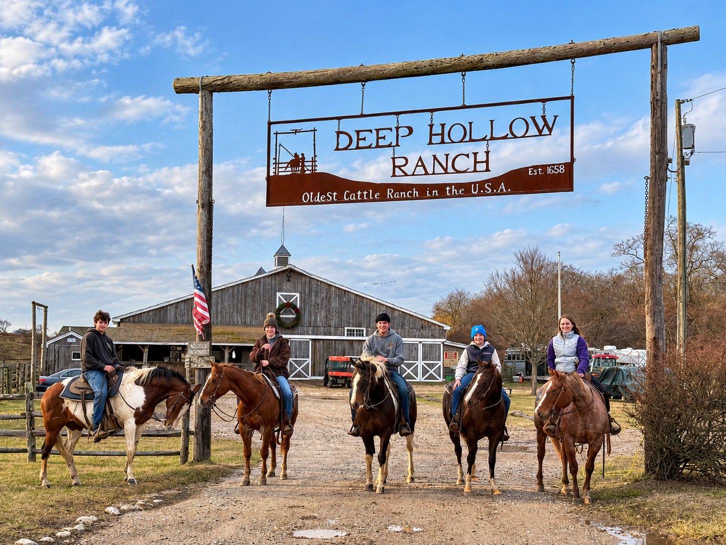 A group of riders under the Deep Hollow Ranch sign