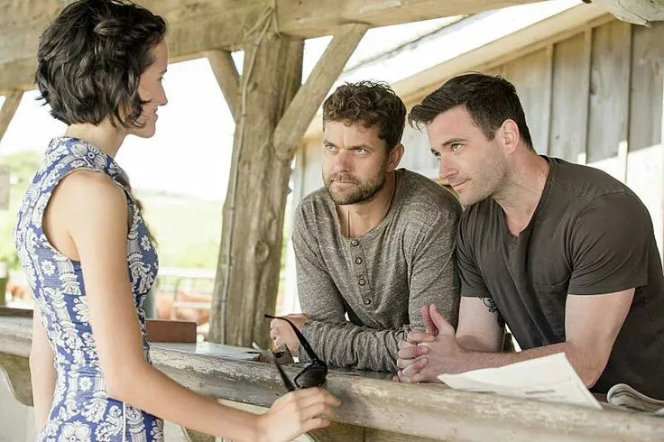 Cast at the porch office rail in The Affair