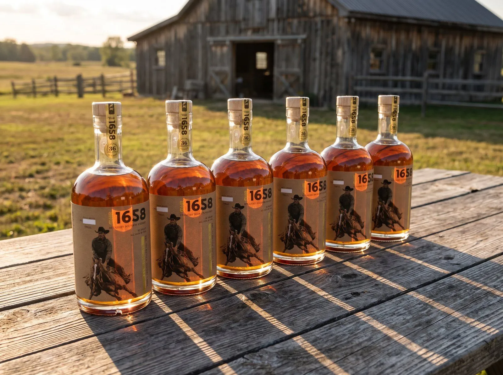 A row of DHR 1658 bottles on a table in front of the barn