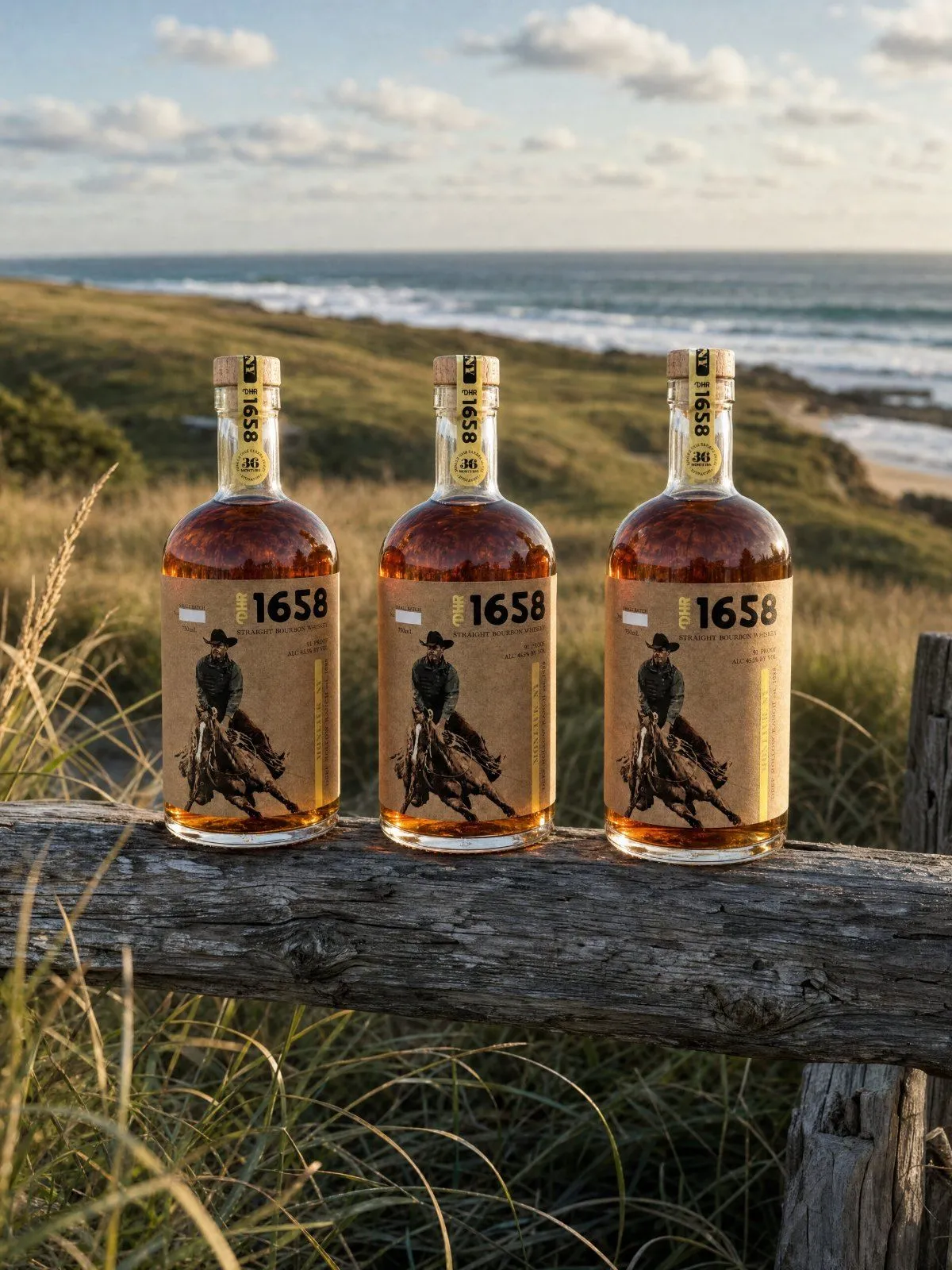 Three bottles of DHR 1658 on a driftwood rail above the beach